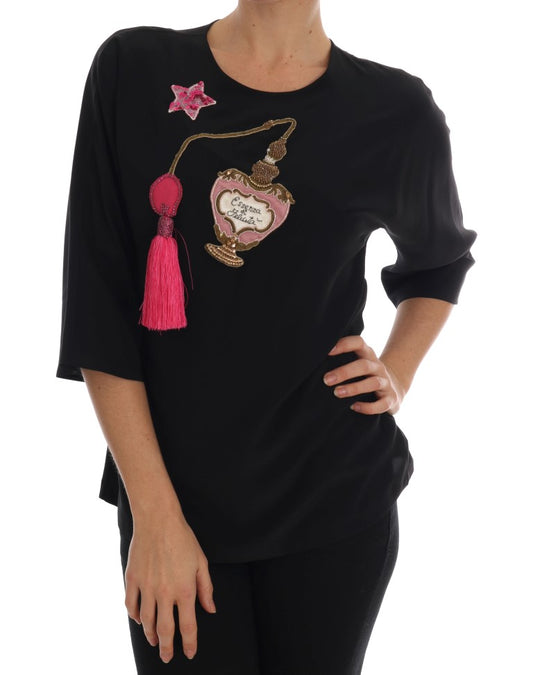 Dolce & Gabbana Schwarze Seidenbluse mit Märchen-Top und Kristallen