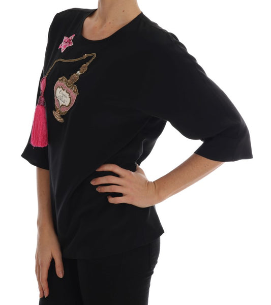 Dolce & Gabbana Schwarze Seidenbluse mit Märchen-Top und Kristallen