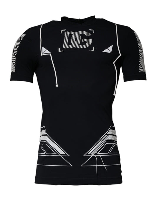 Dolce & Gabbana – Schwarzes Nylon-T-Shirt mit Rundhalsausschnitt und grafischem Print