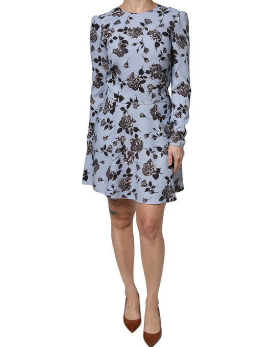Valentino – Hellblaues, geblümtes Minikleid in A-Linie mit langen Ärmeln