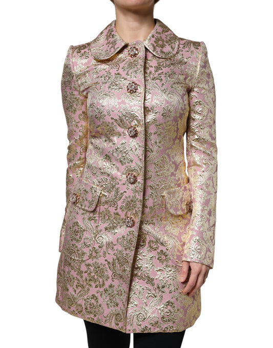 Dolce & Gabbana – Manteljacke aus Jacquard mit Juwelenknöpfen in Metallic-Pinkgold
