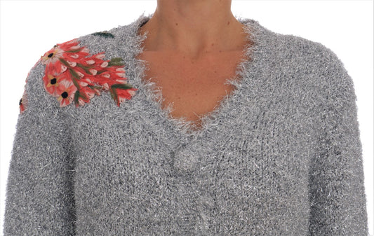 Dolce & Gabbana Silberner Cardigan Pullover mit Blumenapplikation