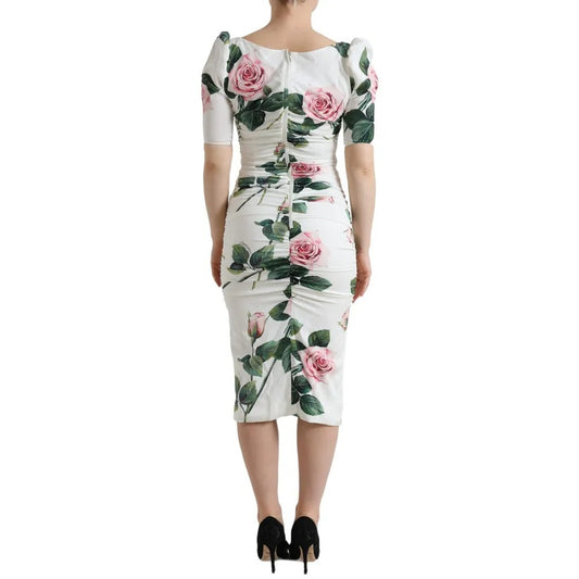 Dolce & Gabbana – Plissiertes Kleid aus Stretch-Seide mit weißem Rosenprint