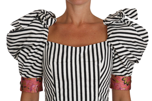 Dolce & Gabbana – Weißes, schwarz gestreiftes Crop-Top mit Puffärmeln