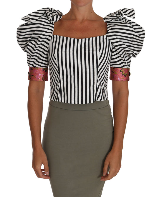 Dolce & Gabbana – Weißes, schwarz gestreiftes Crop-Top mit Puffärmeln