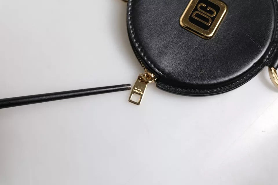 Dolce & Gabbana – Schwarzes rundes Leder-Geldbörse mit DG-Logo und Schlüsselband