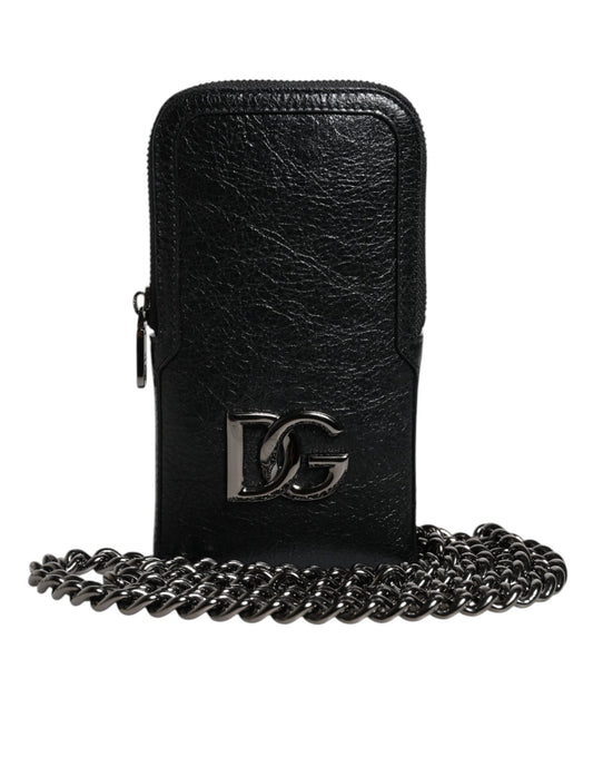 Dolce & Gabbana Schwarze Lederhandtasche, Umhängetasche mit Kette, Handytasche