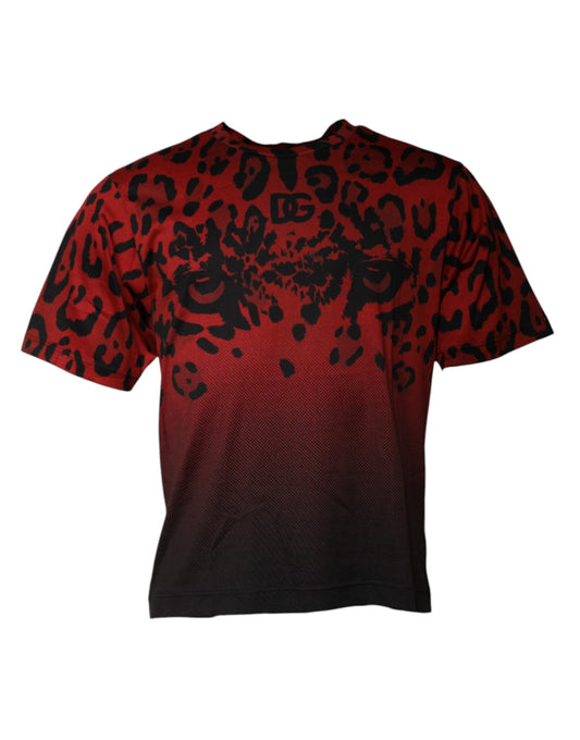 Dolce & Gabbana – Rotes T-Shirt aus Baumwolle mit Leopardenmuster und kurzen Ärmeln