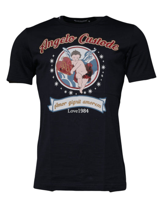 Dolce & Gabbana – Blaues T-Shirt mit kurzen Ärmeln aus Baumwolle mit Engelsdruck