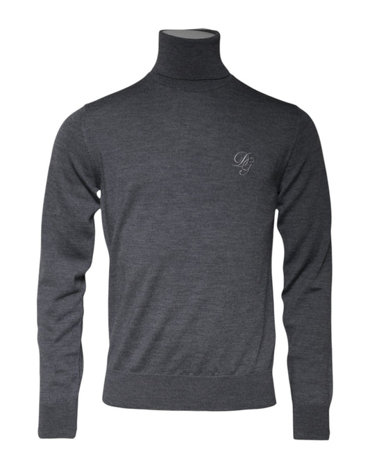 Dolce & Gabbana Grauer Rollkragenpullover aus Wolle mit Logo