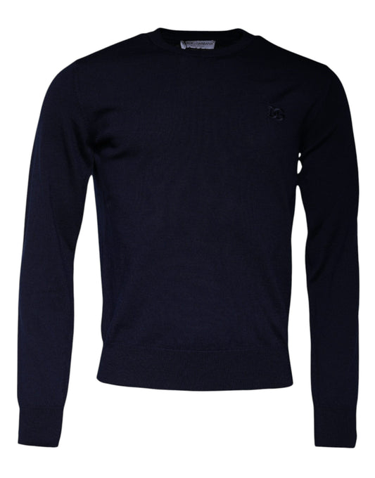 Dolce & Gabbana, blauer Pullover aus Wolle mit Rundhalsausschnitt und DG-Logo
