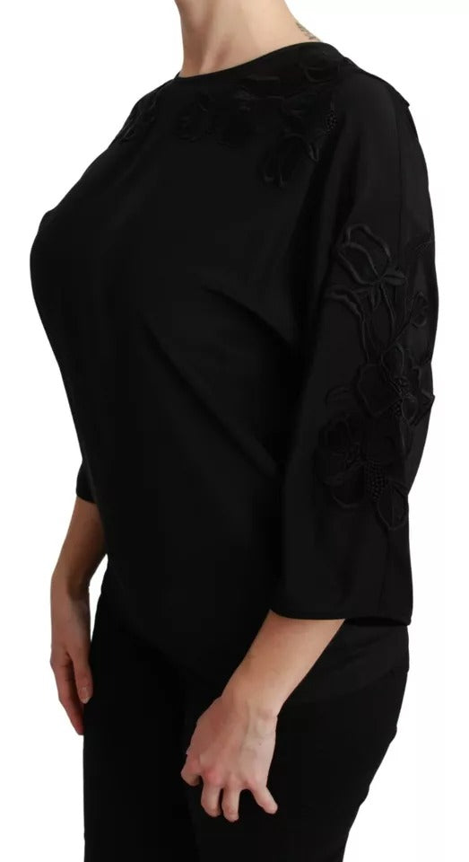 Dolce & Gabbana – Schwarze Bluse mit Blumenstickerei, Seidentop