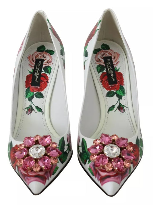 Dolce & Gabbana Pumps aus weißem Leder mit Rosen und Kristallen