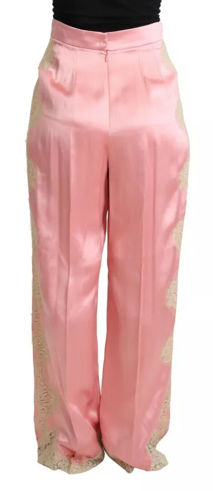 Dolce & Gabbana – Hose aus Seidensatin mit weitem Bein und Spitzenbesatz in Rosa