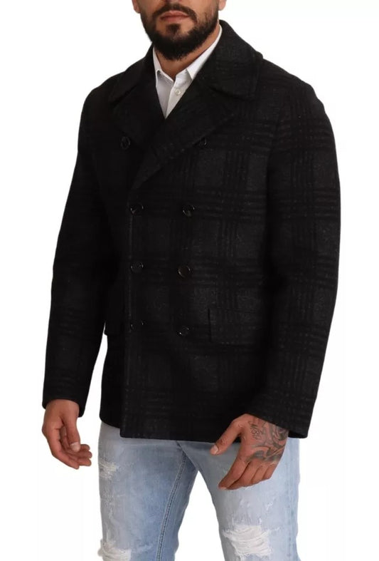 Dolce & Gabbana – Schwarzer Trenchcoat mit Karomuster aus Wolle