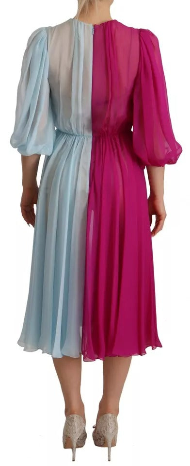 Dolce & Gabbana – Zweifarbiges Midikleid aus hellblauer Seide in Fuchsia