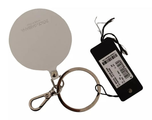 Dolce & Gabbana Schlüsselanhänger aus weißem Leder mit Aufdruck, silberfarbenes Metall