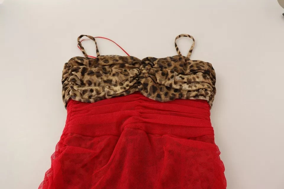 Dolce & Gabbana – Braunes, rotes Etui-Midikleid aus Tüll mit Leopardenmuster