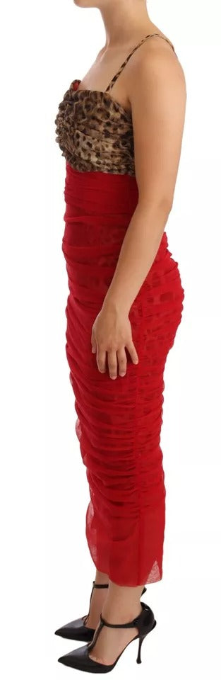 Dolce & Gabbana – Braunes, rotes Etui-Midikleid aus Tüll mit Leopardenmuster
