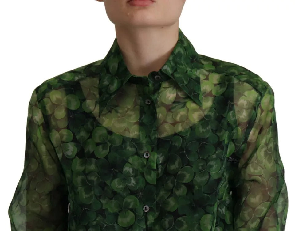 Dolce & Gabbana – Bluse mit langen Ärmeln und Kragen im grünen Kleeblatt-Print