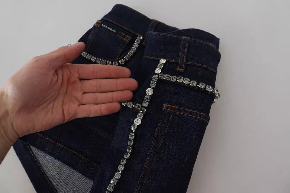 Dolce & Gabbana – Hotpants-Shorts aus Stretch-Denim mit Kristallen in Blau