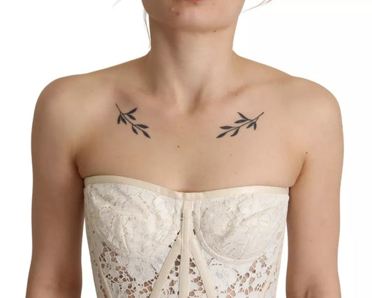 Dolce & Gabbana – Weißes, trägerloses, kurzes Bustier-Top aus floraler Spitze
