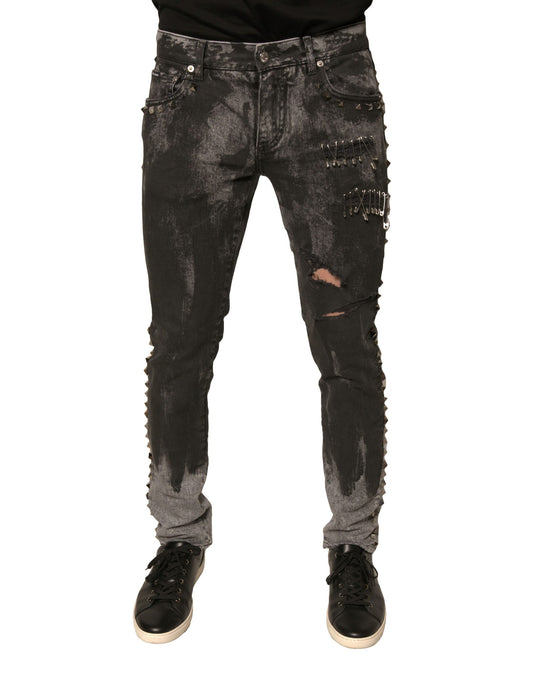 Dolce & Gabbana – Graue Skinny-Jeans aus Baumwolle mit Verzierung