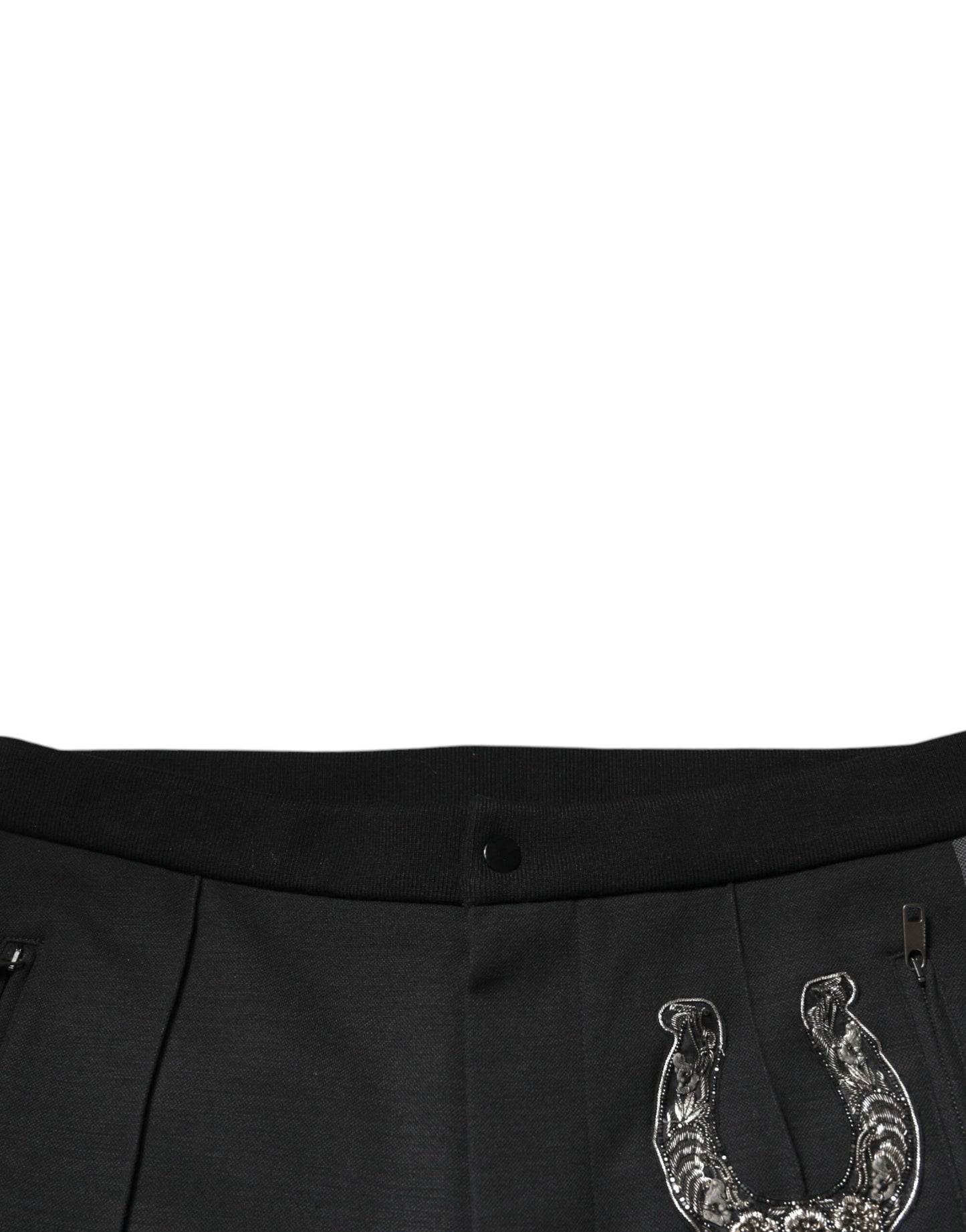 Dolce & Gabbana – Schwarze, schmal geschnittene Wollhose mit Hufeisenverzierung