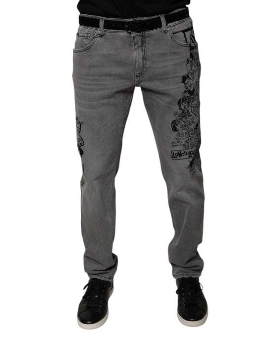 Dolce & Gabbana – Graue Skinny-Jeans aus Baumwolle mit Grafikdruck