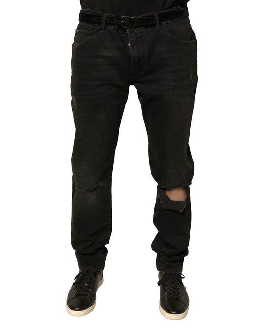 Dolce & Gabbana – Schwarze Skinny-Jeans aus Baumwolle mit Logo und Rissen