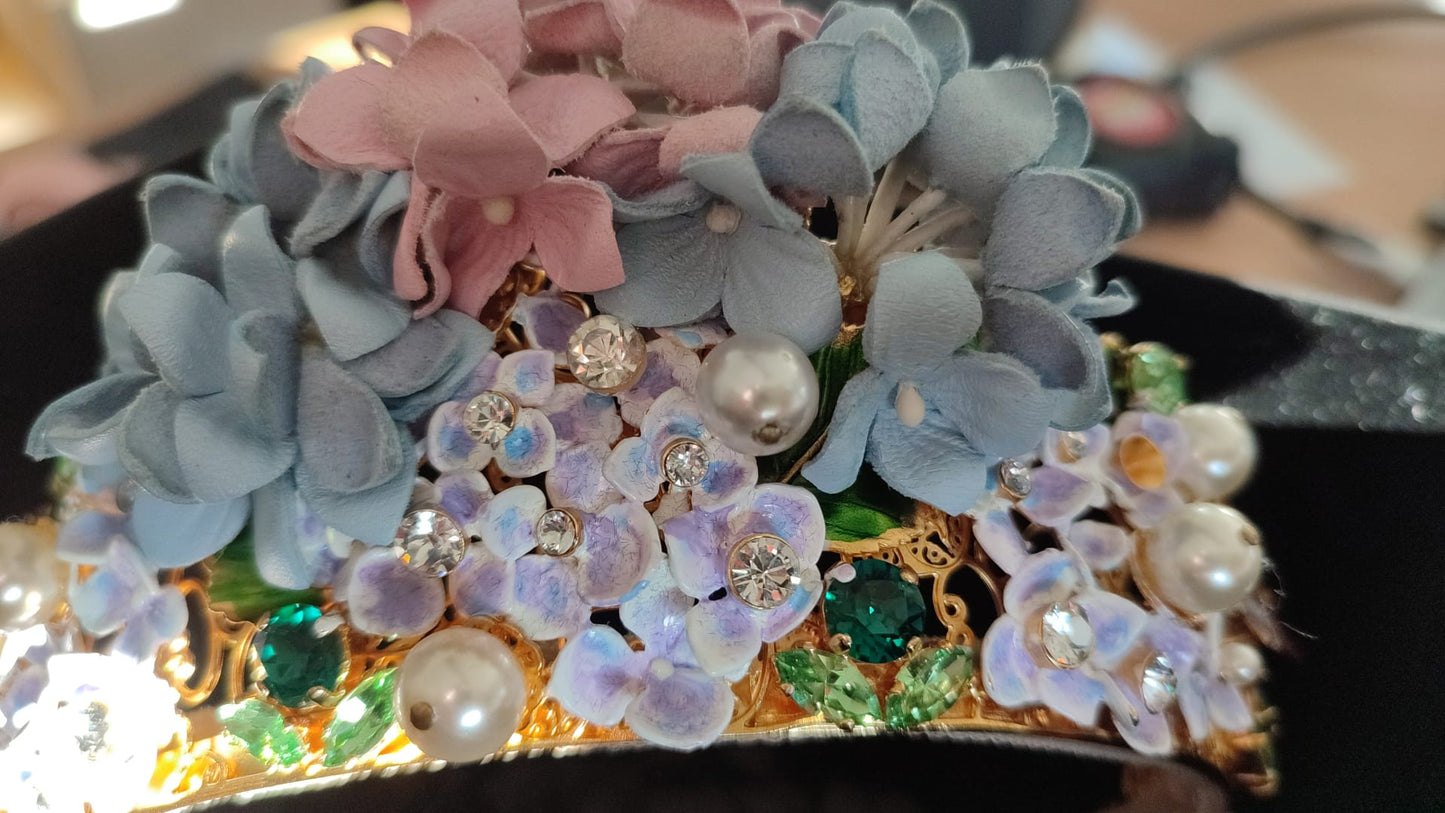Dolce & Gabbana Gold Kristall Lila Hortensia Stirnband Krone Diadem