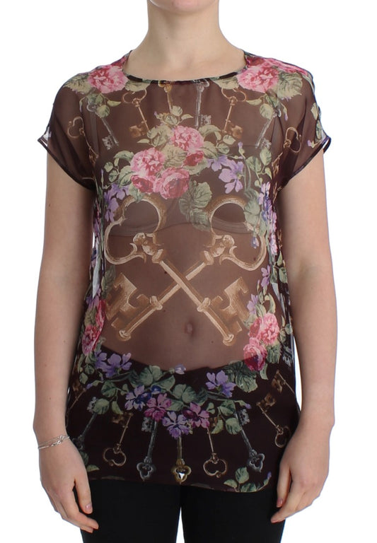 Dolce & Gabbana – Schwarzes Seidenblusen-T-Shirt mit Blumendruck