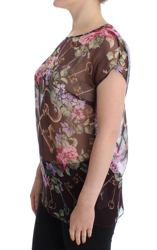 Dolce & Gabbana – Schwarzes Seidenblusen-T-Shirt mit Blumendruck