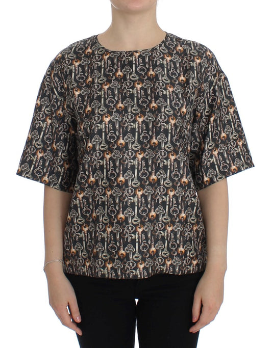 Dolce & Gabbana – Seidenbluse mit grauem Gold-Schlüsseldruck