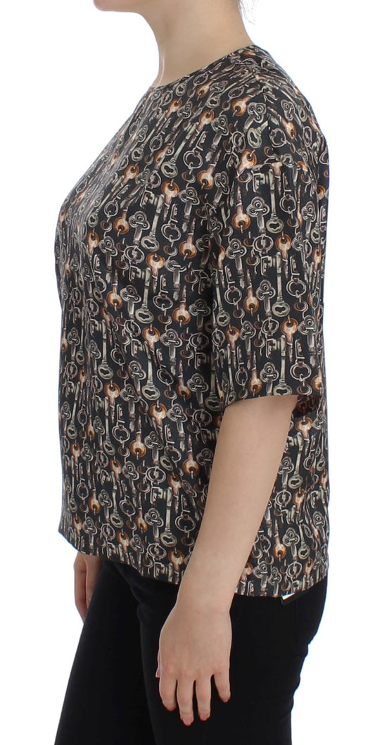 Dolce & Gabbana – Seidenbluse mit grauem Gold-Schlüsseldruck