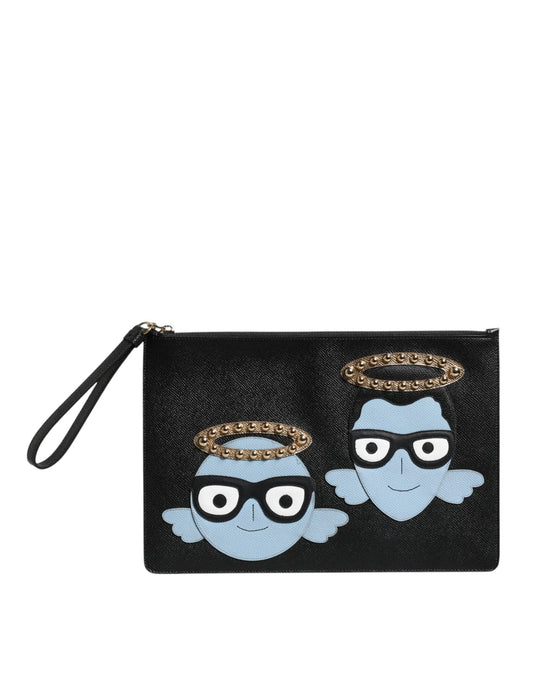 Dolce & Gabbana Schwarzes Leder #DGFAMILY Verzierte Herren-Tasche mit Reißverschluss