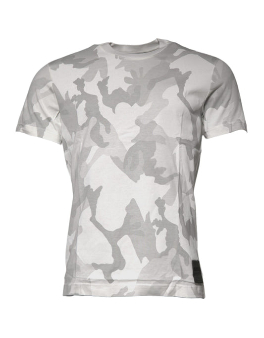 Dolce & Gabbana – T-Shirt aus Baumwolle mit Rundhalsausschnitt in Weiß und Grau mit Camouflage-Muster