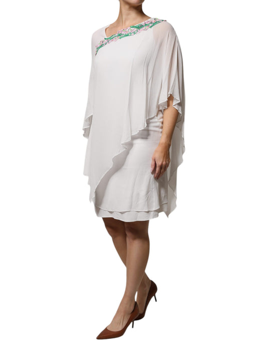 Blumarine – Weißes Etuikleid aus Viskose-Chiffon mit Blumenstickerei