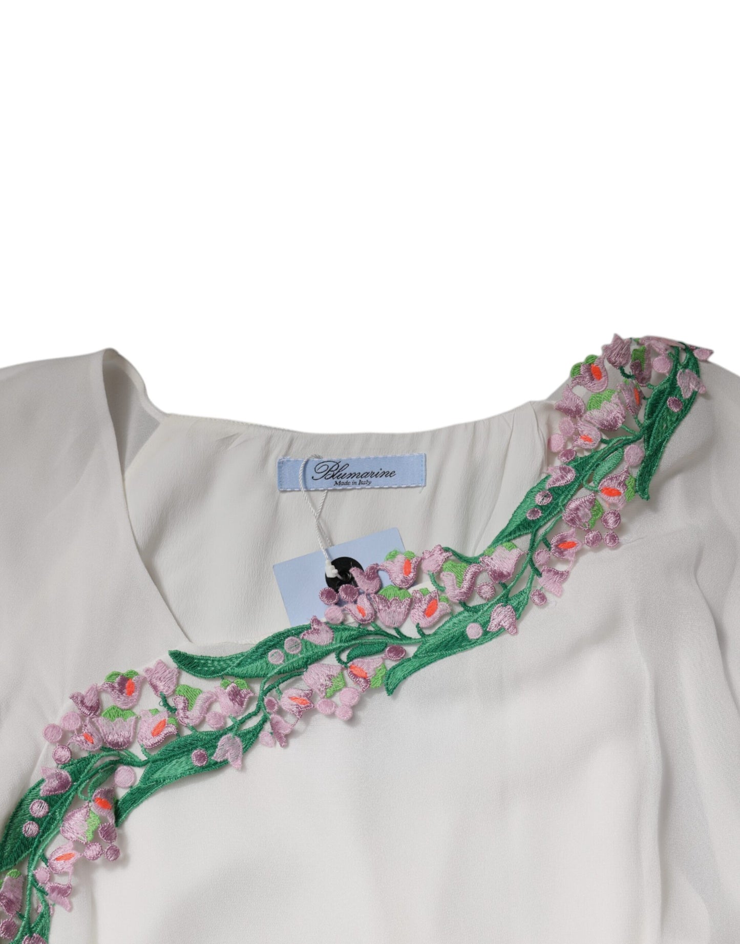 Blumarine – Weißes Etuikleid aus Viskose-Chiffon mit Blumenstickerei