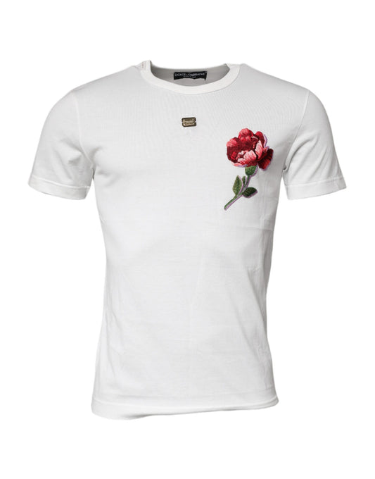 Dolce & Gabbana – Weißes Baumwoll-T-Shirt mit Rundhalsausschnitt und Blumenlogo