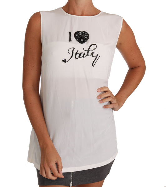 Dolce & Gabbana – Camisole-T-Shirt „I LOVE ITALY“ aus weißer Seide