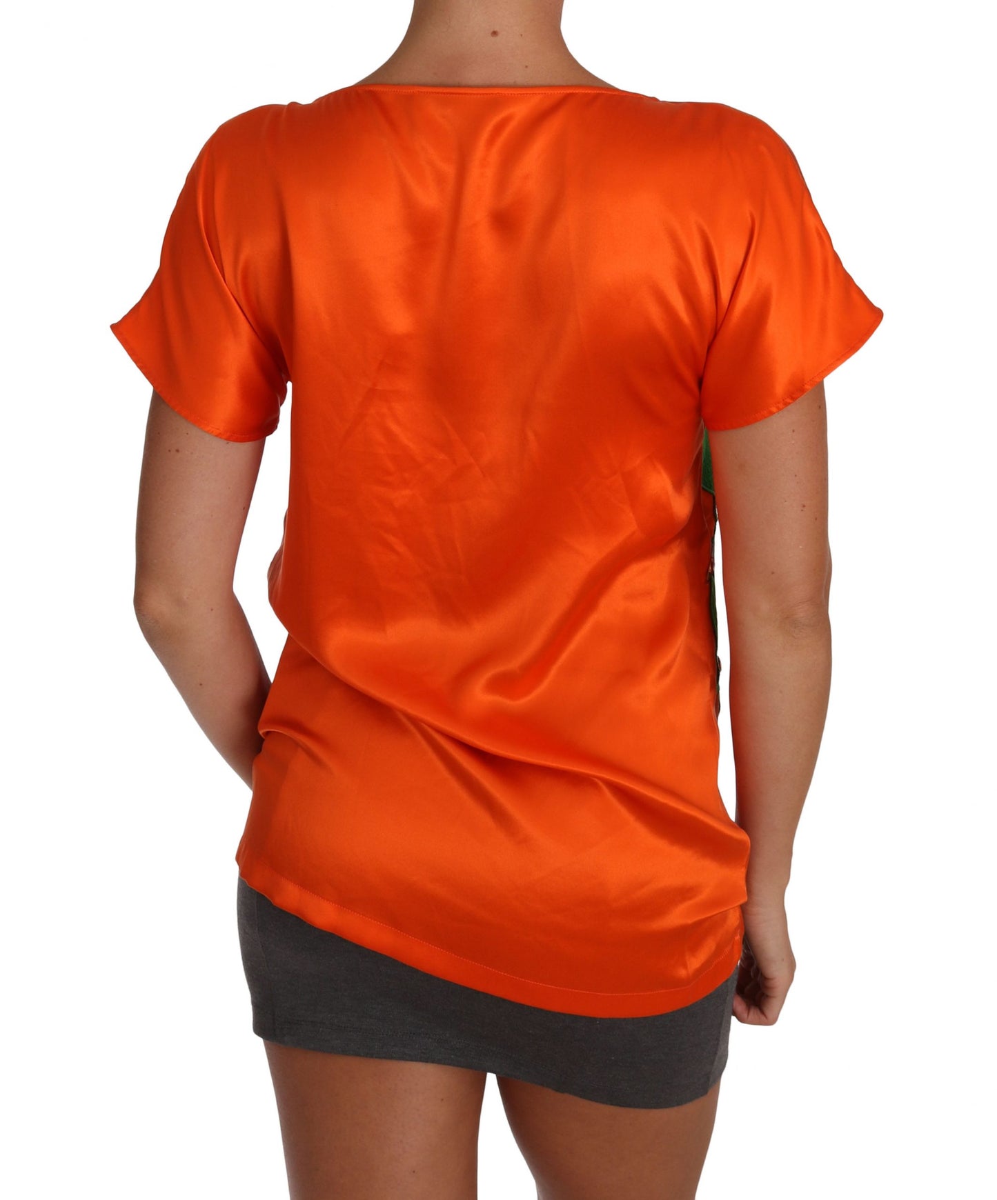 Dolce & Gabbana Seiden-T-Shirt mit orange-zitronenfarbenem Kristall