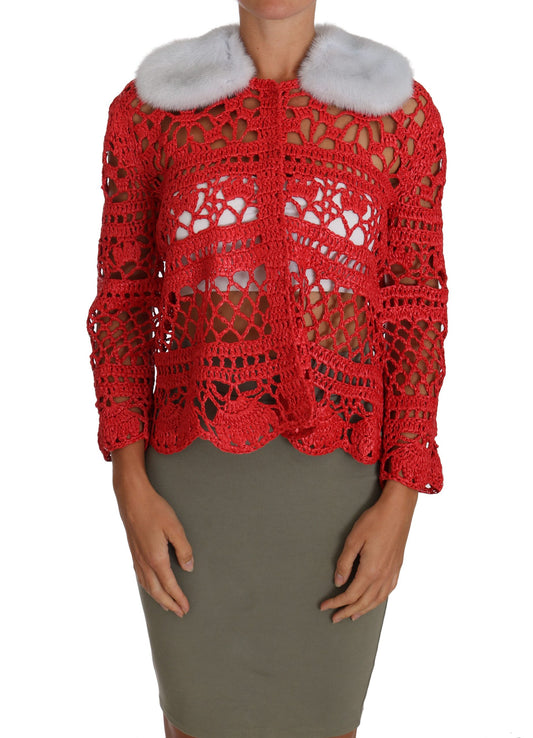 Dolce & Gabbana Roter Cardigan Häkelstrick-Raffiapullover
