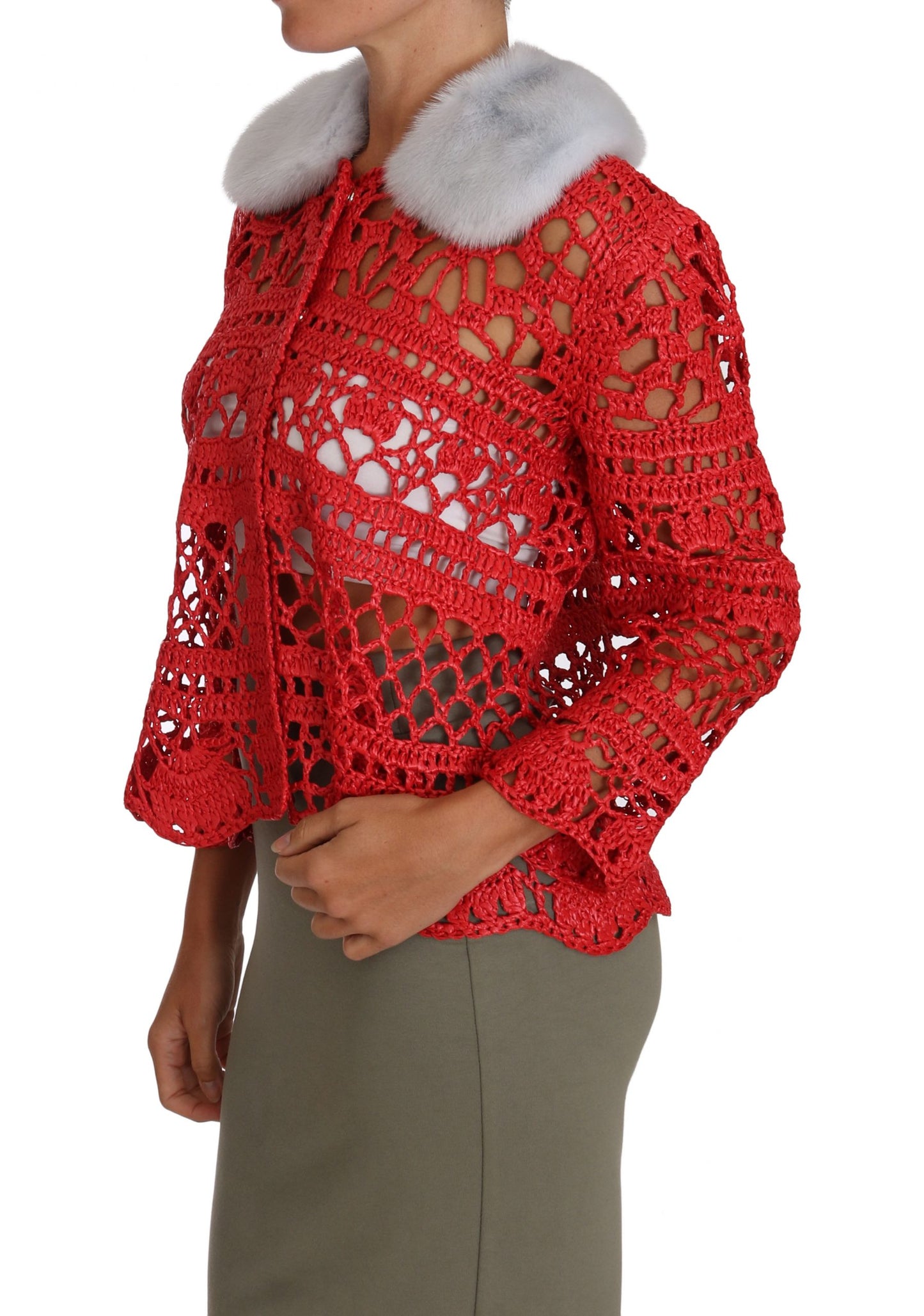 Dolce & Gabbana Roter Cardigan Häkelstrick-Raffiapullover