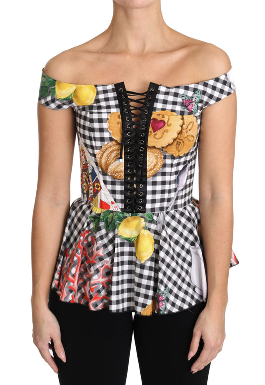 Dolce & Gabbana – Schwarz-weiße Korsettbluse „Sicily Lemon Check Top“