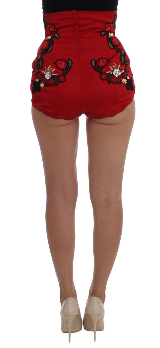 Dolce & Gabbana Rote Seidenshorts mit Kristallrosen