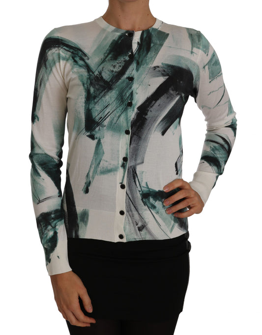 Dolce & Gabbana – Weißer Seidencardigan, leichter Pullover mit Farbstrichen