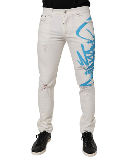 Dolce & Gabbana – Weiße, zerfetzte Skinny-Jeans mit Graffiti-Print