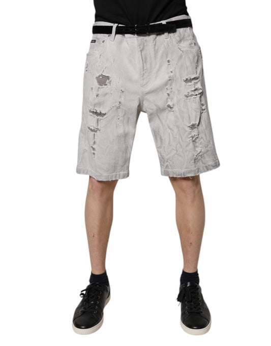 Dolce & Gabbana Hellgraue zerfetzte Herren-Denim-Bermudashorts