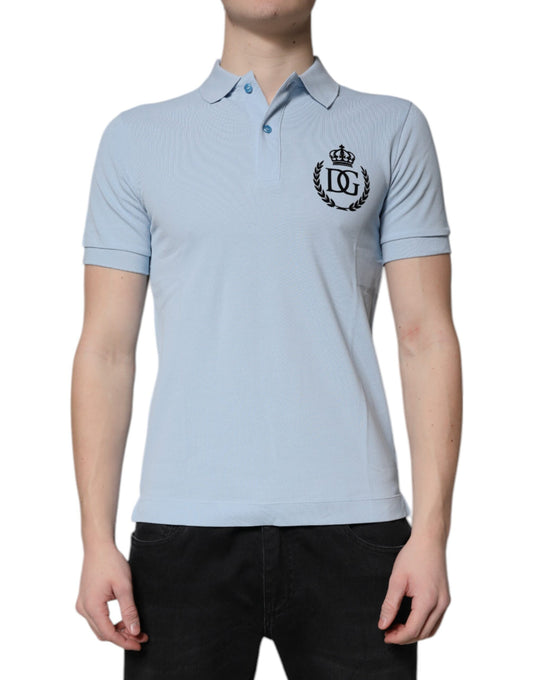 Dolce & Gabbana – Himmelblaues Polo-T-Shirt aus Baumwolle mit Kronenkragen